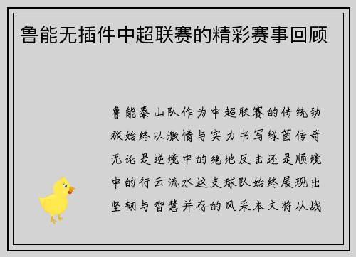 鲁能无插件中超联赛的精彩赛事回顾